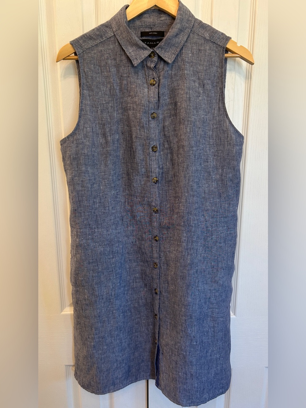 Tahari 100% Linen Sleeveless Shirt Dress Blue Button Front Size M